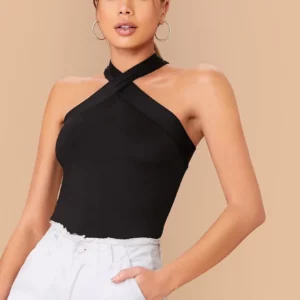 Lot de 3 crop tops cache-cœur Halter noirs, bleus et blancs pour femmes