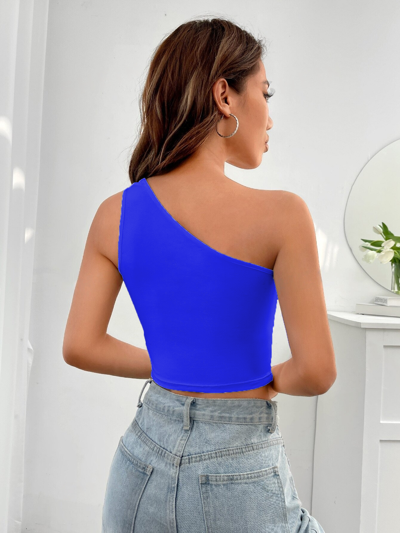 Pack 3 Crop Tops Asymétriques Femme | Hauts Épaulé Dénudé Noir, Blanc, Bleu – Image 6