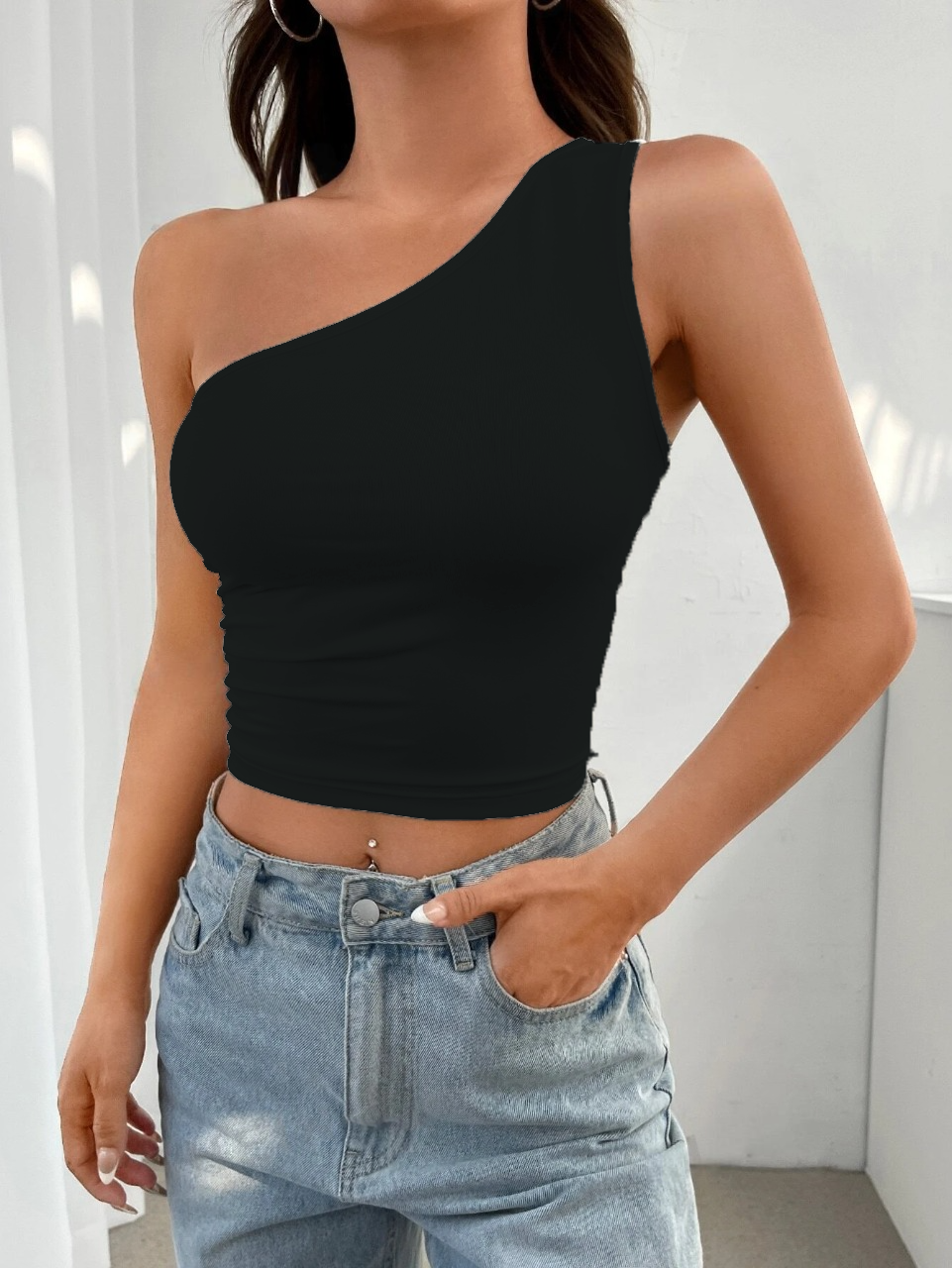 Pack 3 Crop Tops Asymétriques Femme | Hauts Épaulé Dénudé Noir, Blanc, Bleu – Image 2